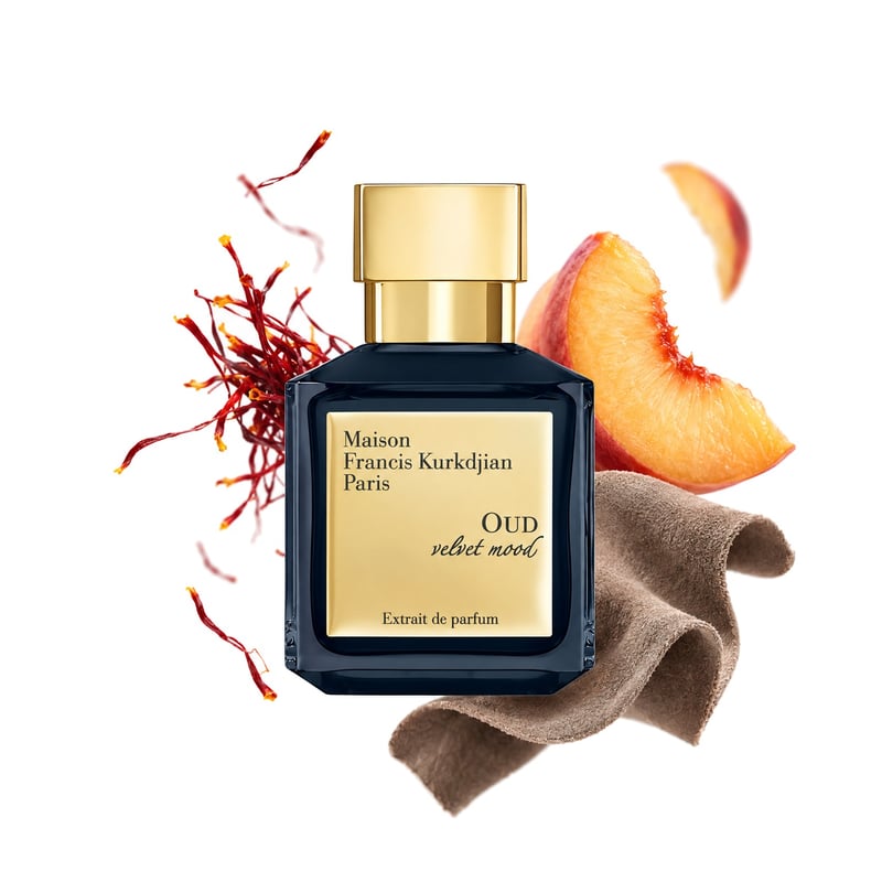 Oud Velvet Mood Extrait de Parfum by Maison Francis Kurkdjian, bottle pictured with its key notes: Saffron, Peach and Suede