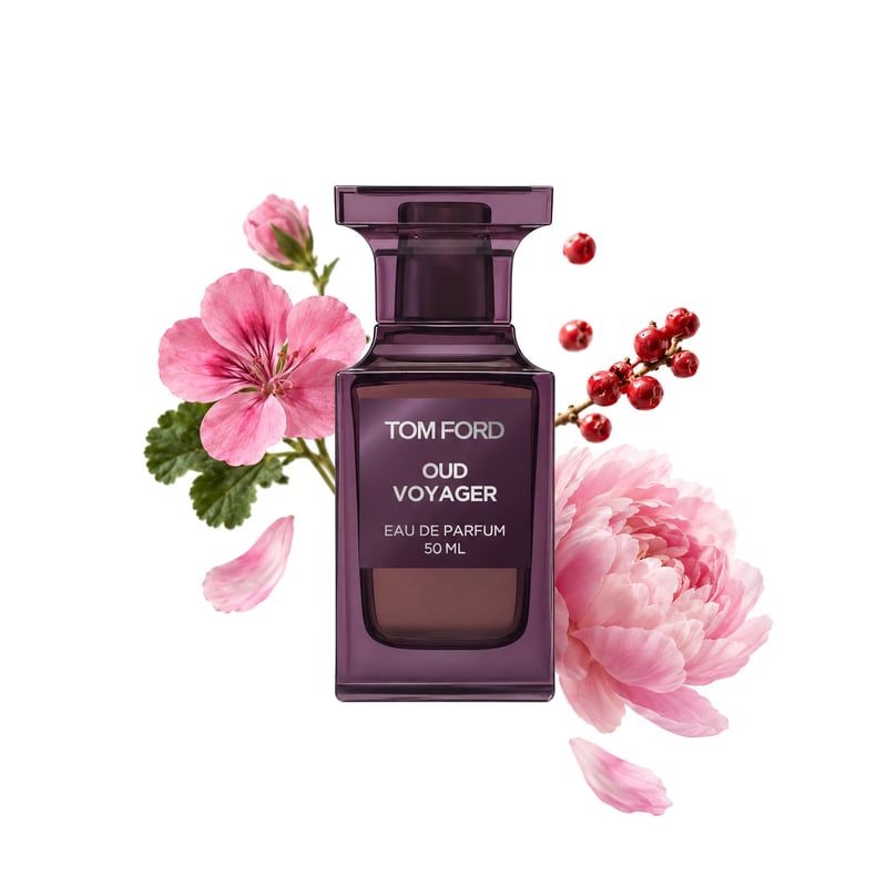 Oud Voyager by Tom Ford, bottle pictured with its key notes: Geranium, Pink Pepper and Peony