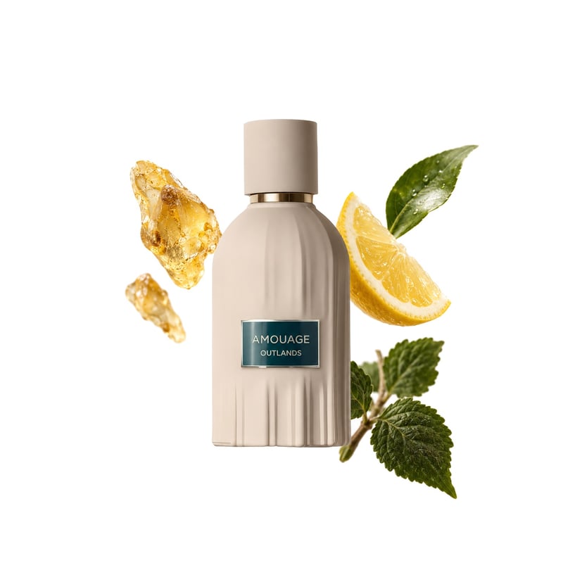 Outlands by Amouage, bottle pictured with its key notes: Elemi, Lemon and Patchouli