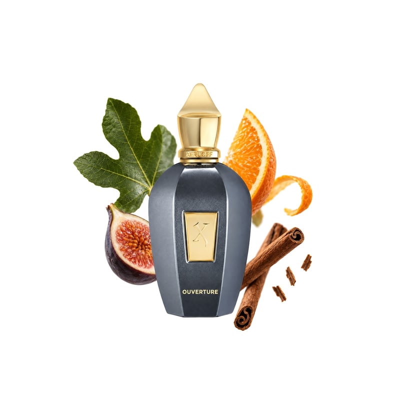 Ouverture by Xerjoff, bottle pictured with its key notes: Fig Leaf, Orange and Cinnamon