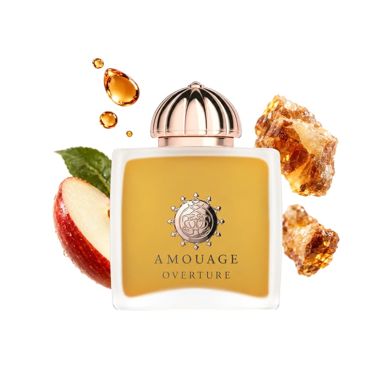 Overture Woman by Amouage, bottle pictured with its key notes: Brandy, Apple and Benzoin