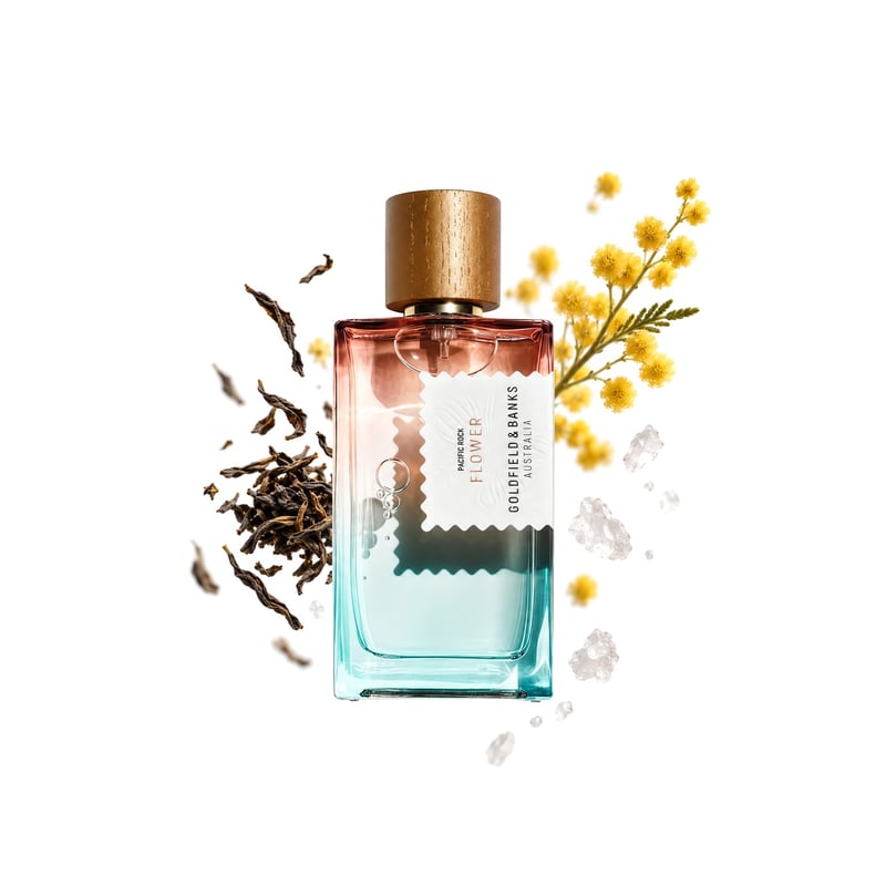 Pacific Rock Flower by Goldfield & Banks, bottle pictured with its key notes: Tea, Sea Salt and Mimosa
