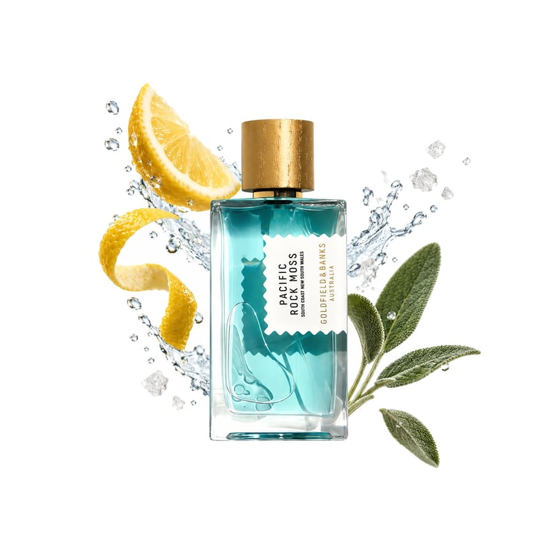 Pacific Rock Moss by Goldfield & Banks, bottle pictured with its key notes: Lemon, Sea Notes and Sage