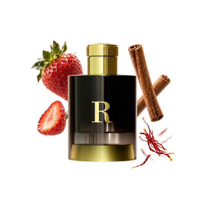 Pantheon R by Pantheon Roma, bottle pictured with its key notes: Strawberry, Cinnamon and Saffron