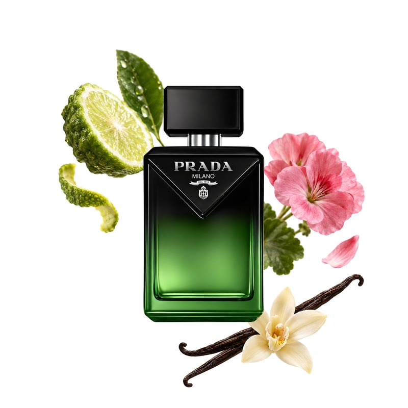 Paradigme Le Parfum von Prada, Flakon mit seinen Hauptnoten: Bergamotte, Geranie und Vanille