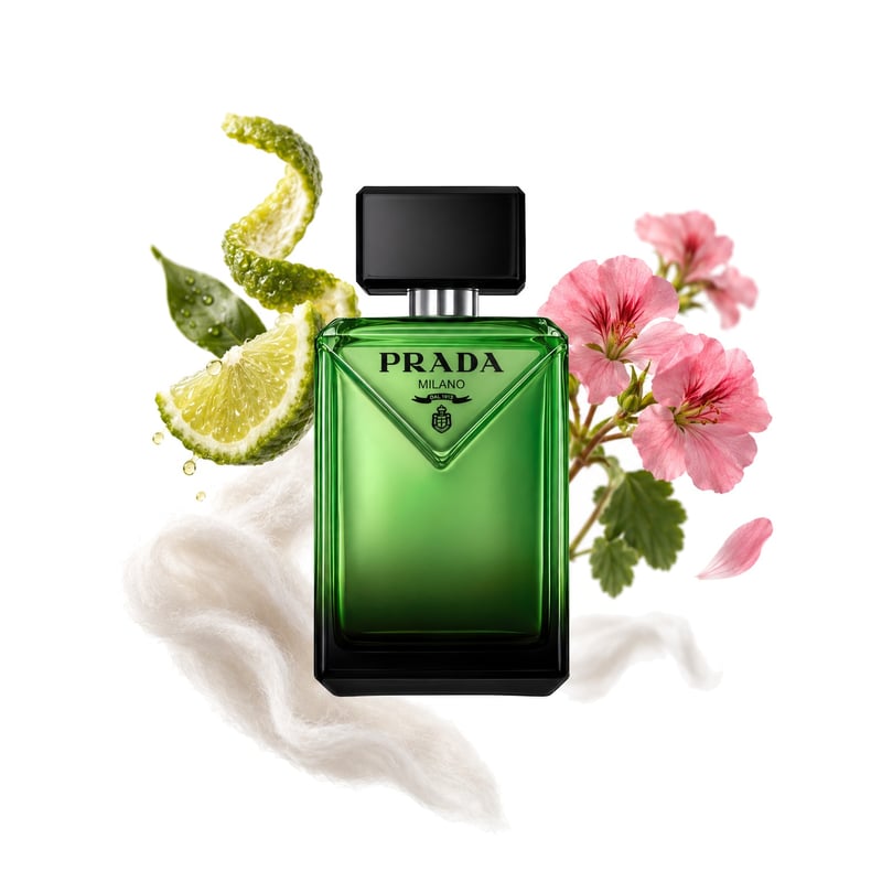 Paradigme by Prada, bottle pictured with its key notes: Calabrian Bergamot, Musk and Bourbon Geranium