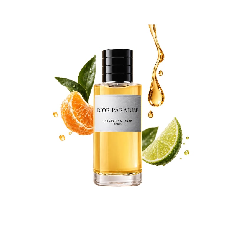Paradise by Dior, bottle pictured with its key notes: Mandarin, Lime and Syrup