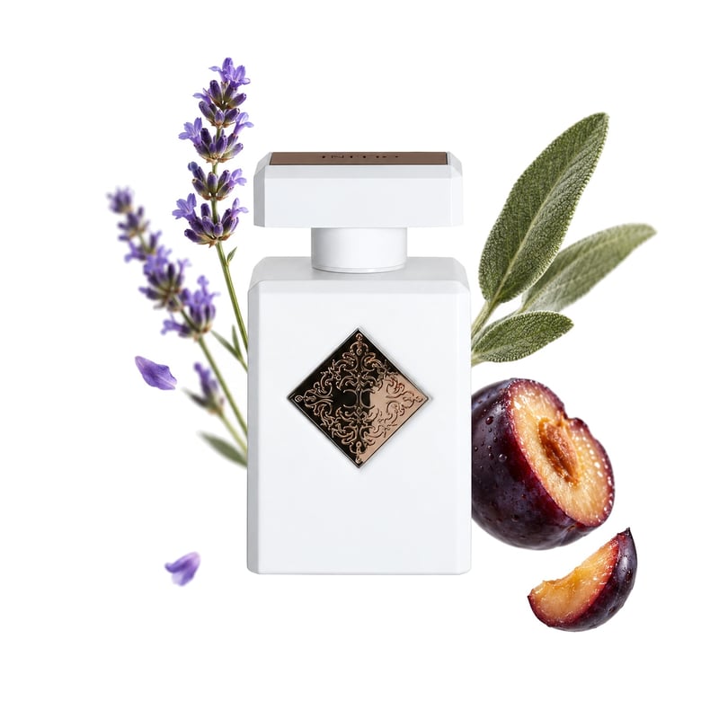 Paragon by Initio Parfums Prives, bottle pictured with its key notes: Lavender, Sage and Plum