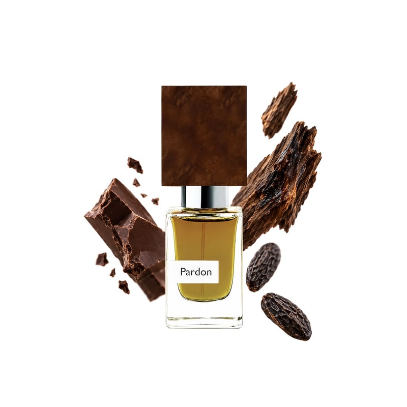 Pardon di Nasomatto, flacone con le sue note principali: Cioccolato, Legno di agar e Fava tonka