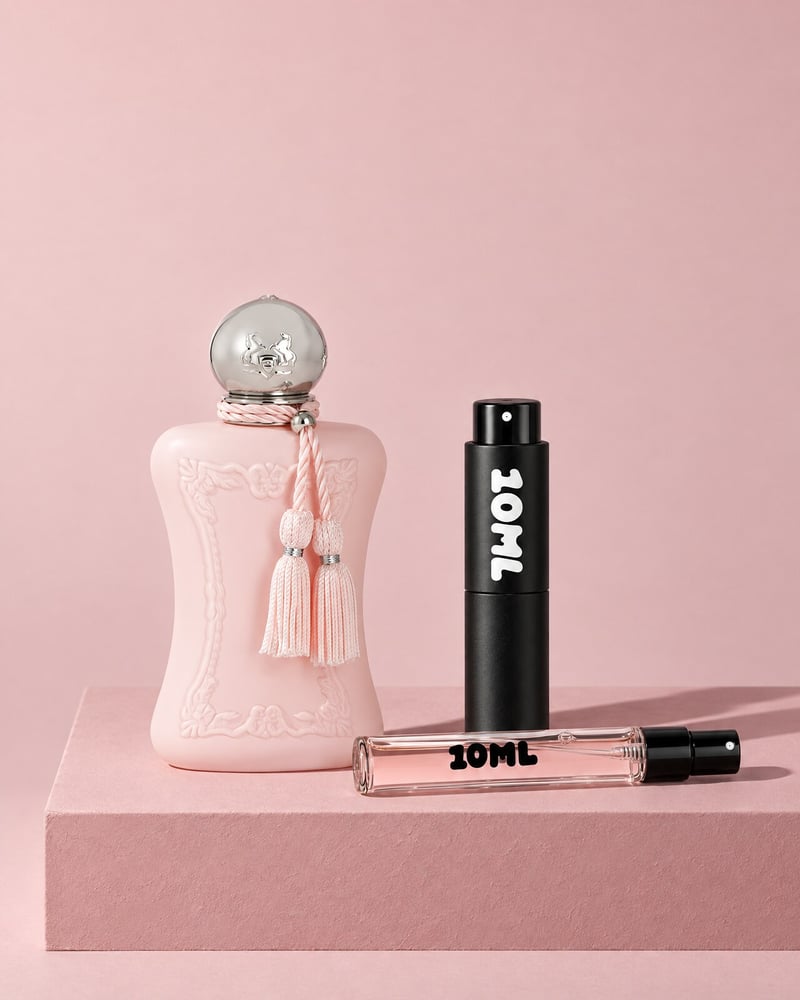 Delina του Parfums de Marly με έναν ψεκαστήρα ταξιδιού 10ML και ένα φιαλίδιο ανταλλακτικού 10ML, σε ροζ βάθρο