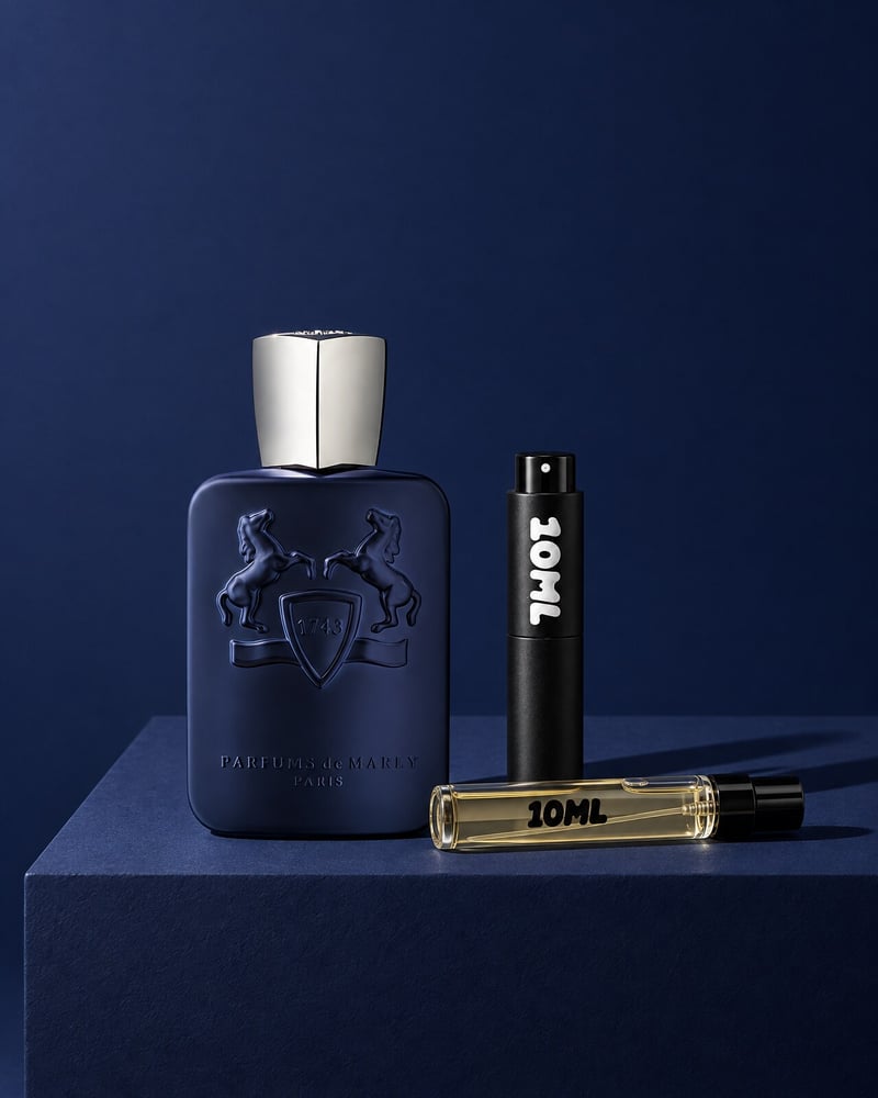Layton de la Parfums de Marly cu un atomizor de călătorie 10ML și o fiolă de rezervă 10ML, pe un soclu albastru
