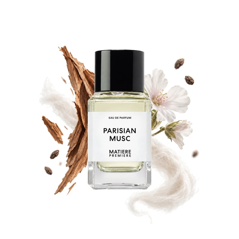 Parisian Musc by Matiere Premiere, bottle pictured with its key notes: Virginia Cedar, Ambrette (musk Mallow) and Musk