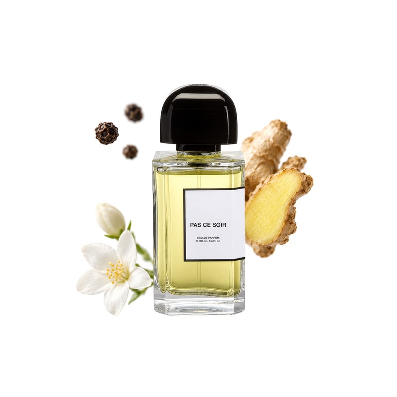 Pas Ce Soir by BDK Parfums, bottle pictured with its key notes: Black Pepper, Ginger and Jasmine