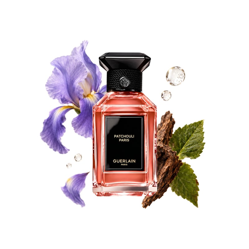 Patchouli Paris by Guerlain, bottle pictured with its key notes: Aldehydes, Iris and Patchouli
