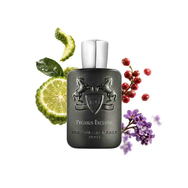 Parfums de Marly Pegasus Exclusif, flakon a jeho klíčové tóny: Bergamot, Růžový pepř a Heliotrop