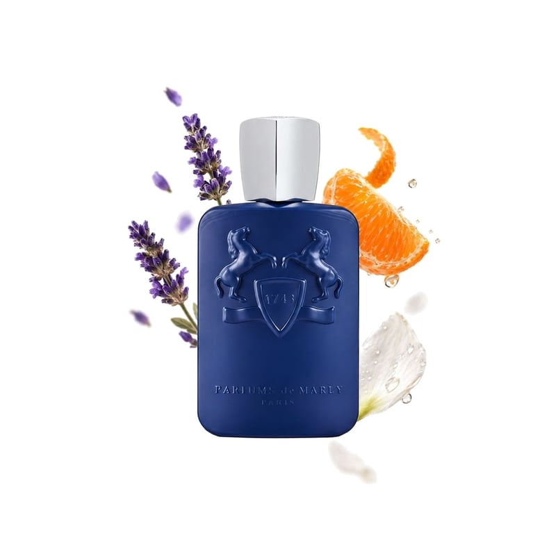 Percival by Parfums de Marly, bottle pictured with its key notes: Lavender, Mandarin Orange and Hedione