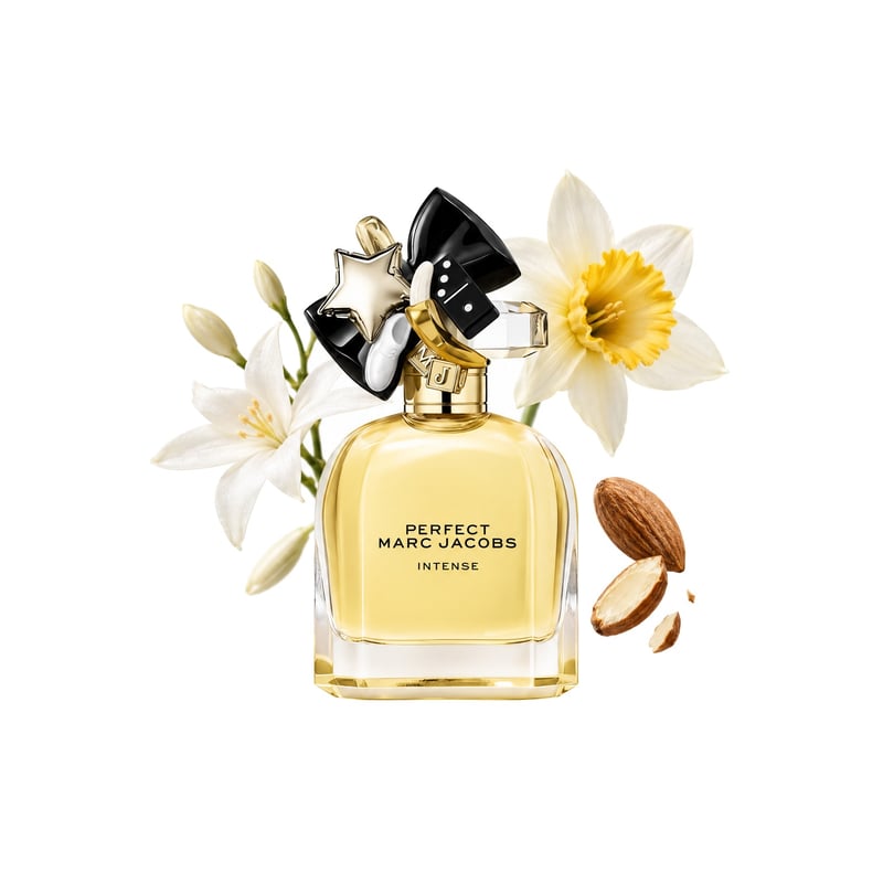 Perfect Intense by Marc Jacobs, bottle pictured with its key notes: Night Blooming Jasmine, Narcissus and Almond