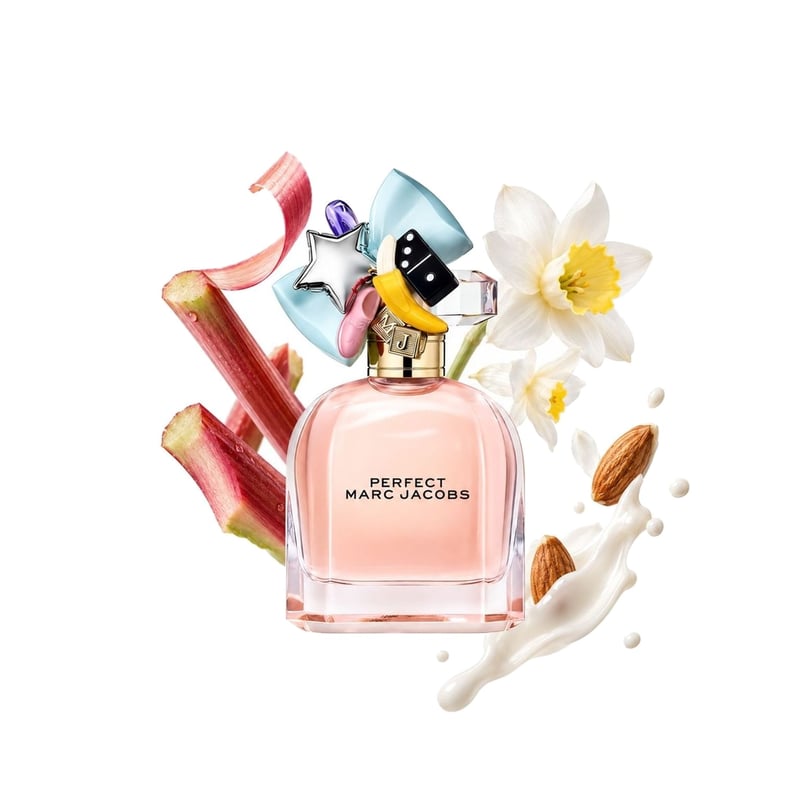 Perfect by Marc Jacobs, bottle pictured with its key notes: Rhubarb, Narcissus and Almond Milk