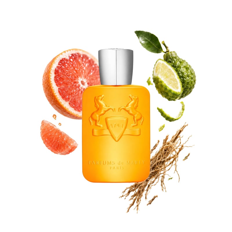 Perseus de la Parfums de Marly, flacon alături de notele principale: Grepfrut, Bergamotă și Vetiver