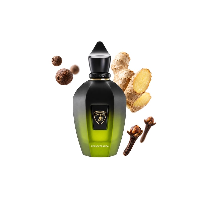 Perseveranza by Xerjoff, bottle pictured with its key notes: Pimento, Ginger and Clove