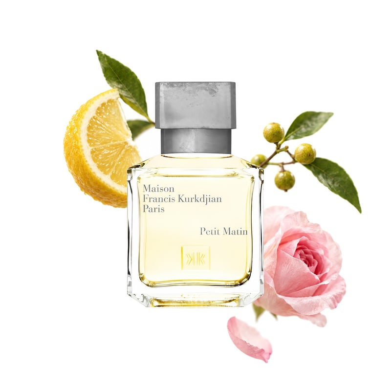 Petit Matin by Maison Francis Kurkdjian, bottle pictured with its key notes: Lemon, Litsea Cubeba and Rose