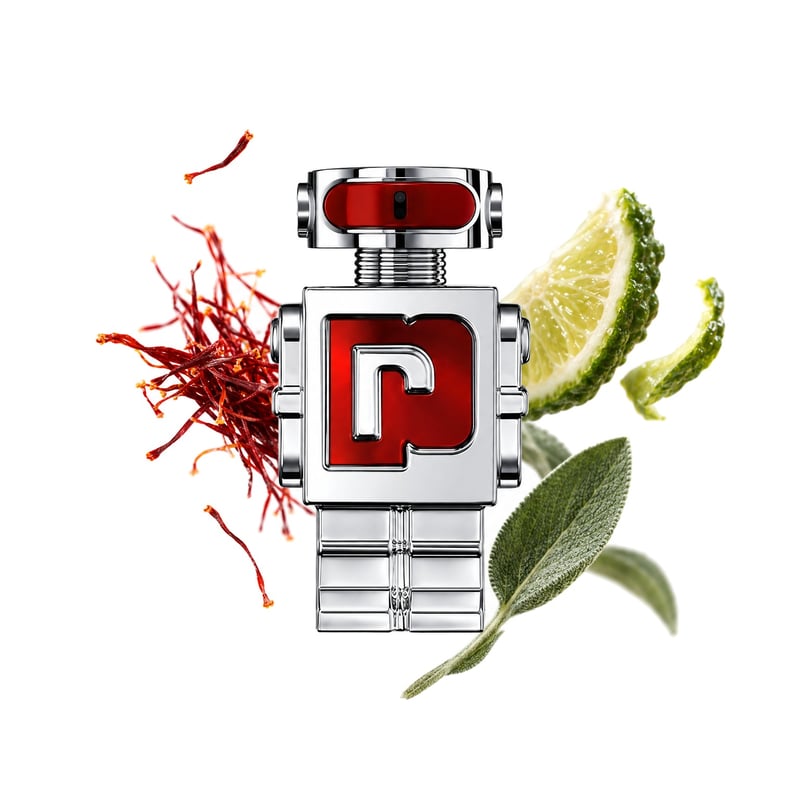 Phantom in Red by Rabanne, bottle pictured with its key notes: Saffron, Bergamot and Sage