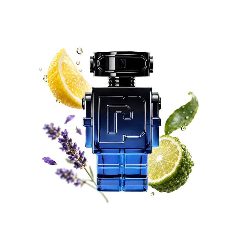 Phantom Intense by Rabanne, bottle pictured with its key notes: Lemon, Bergamot and Lavender