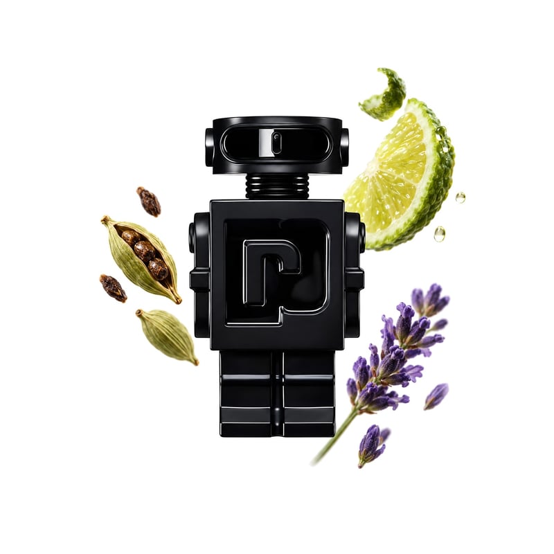 Phantom Parfum by Rabanne, bottle pictured with its key notes: Cardamom, Bergamot and Lavender