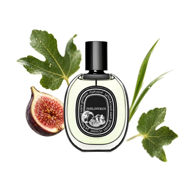 Philosykos by Diptyque, bottle pictured with its key notes: Fig, Fig Leaf and Green Notes
