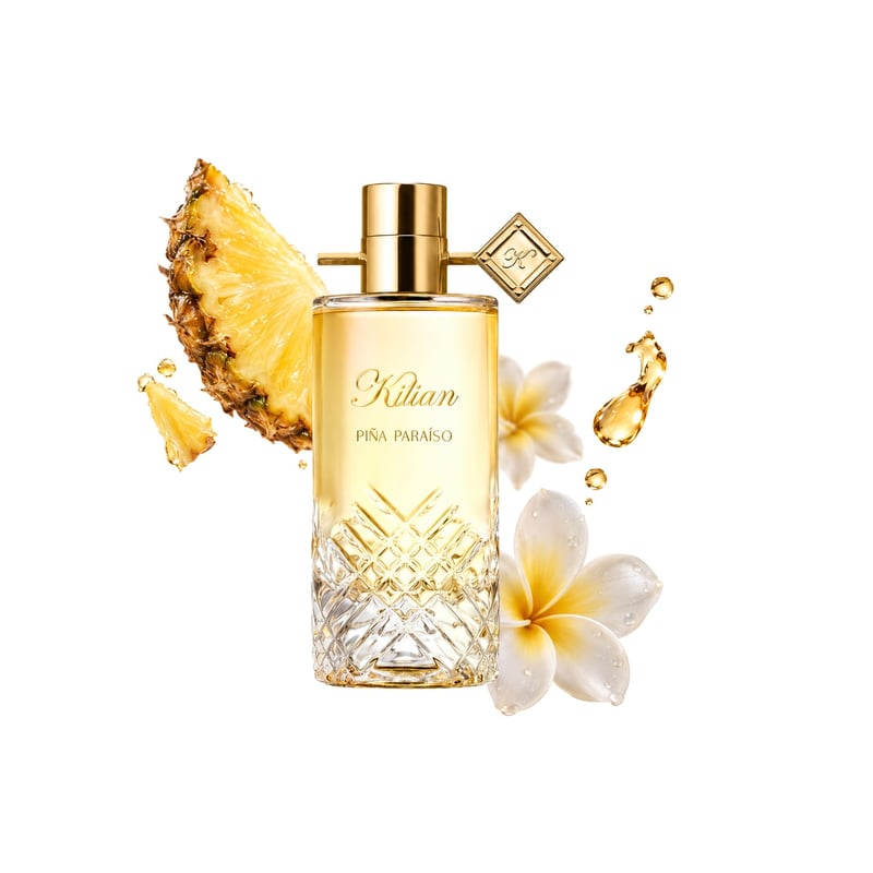 Piña Paraíso by By Kilian, bottle pictured with its key notes: Pineapple, Rum and Frangipani