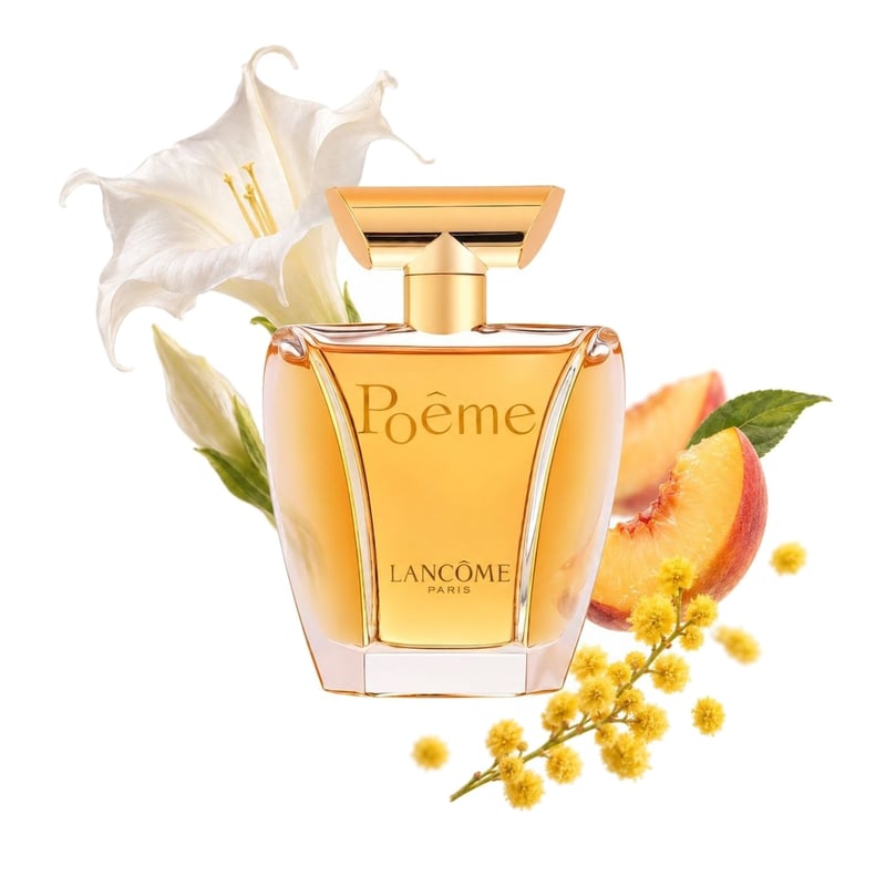 Poeme de la Lancôme, flacon alături de notele principale: Datura, Piersică și Mimoză