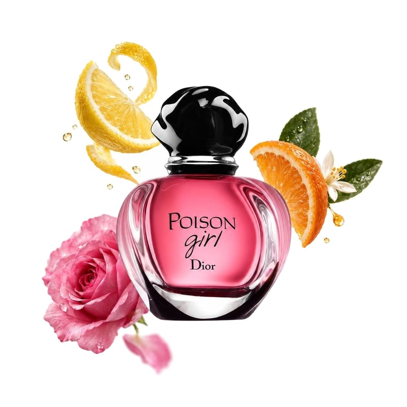 Poison Girl by Dior, bottle pictured with its key notes: Lemon, Bitter Orange and Damask Rose