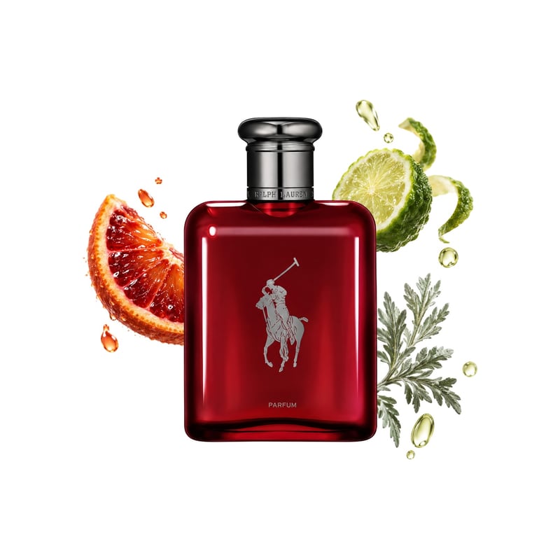 Polo Red Parfum by Ralph Lauren, bottle pictured with its key notes: Blood Orange, Bergamot and Absinthe