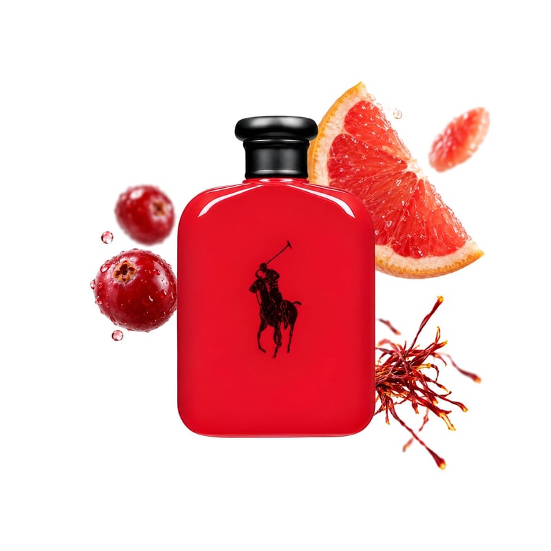 Polo Red by Ralph Lauren, bottle pictured with its key notes: Cranberry, Grapefruit and Saffron