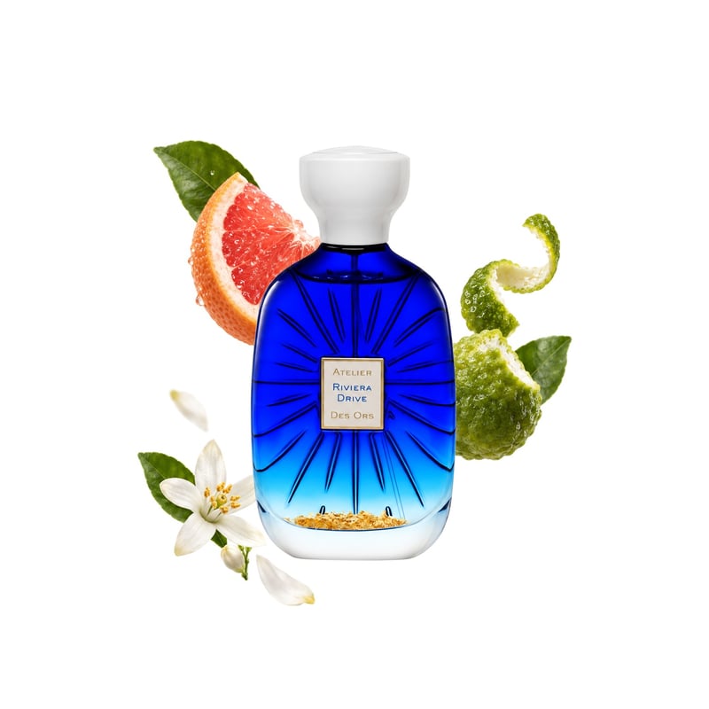 Pomelo Riviera by Atelier des Ors, bottle pictured with its key notes: Grapefruit, Bergamot and Neroli