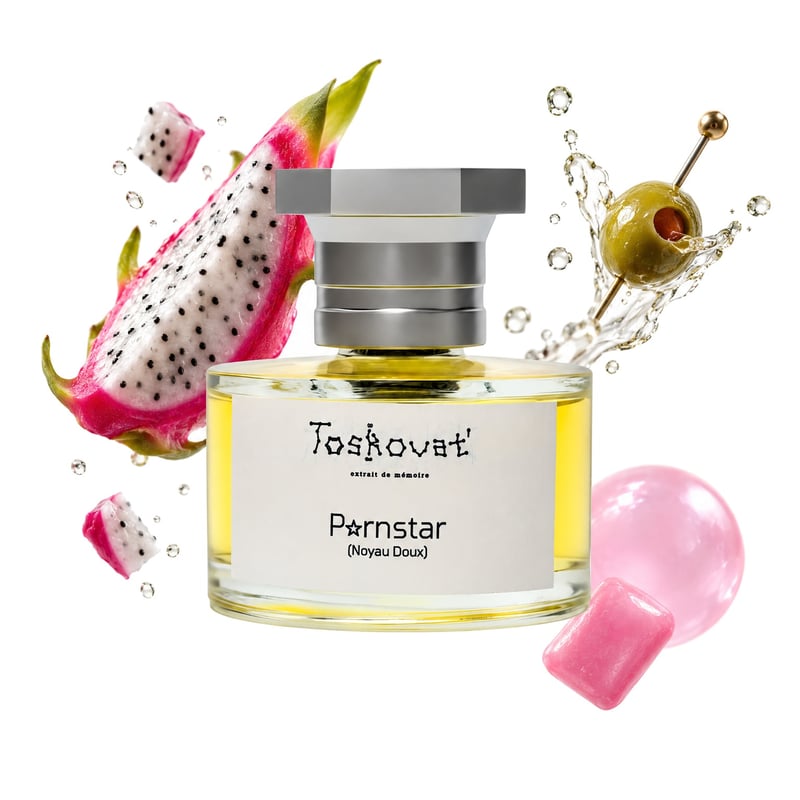 Pornstar (Noyau Doux) de Toskovat', flacon entouré de ses notes clés : Pitahaya, Chewing-gum et Martini