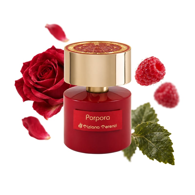 Porpora by Tiziana Terenzi, bottle pictured with its key notes: Rose, Raspberry and Patchouli