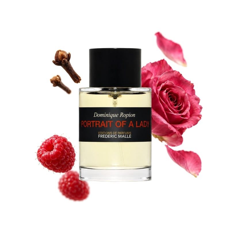 Portrait of a Lady by Frederic Malle, bottle pictured with its key notes: Clove, Raspberry and Turkish Rose