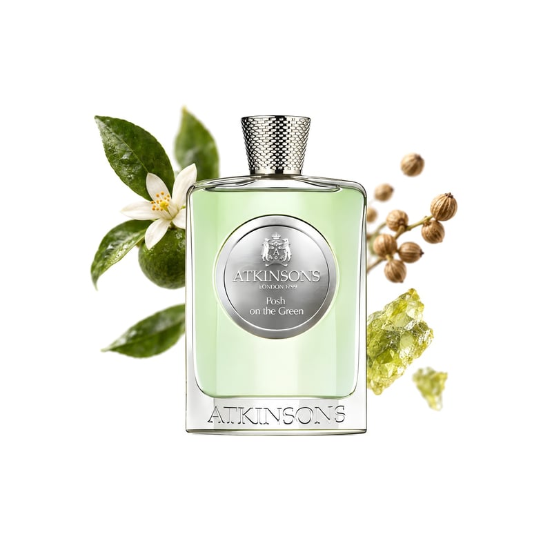 Posh on the Green by Atkinsons, bottle pictured with its key notes: Petitgrain, Coriander and Galbanum