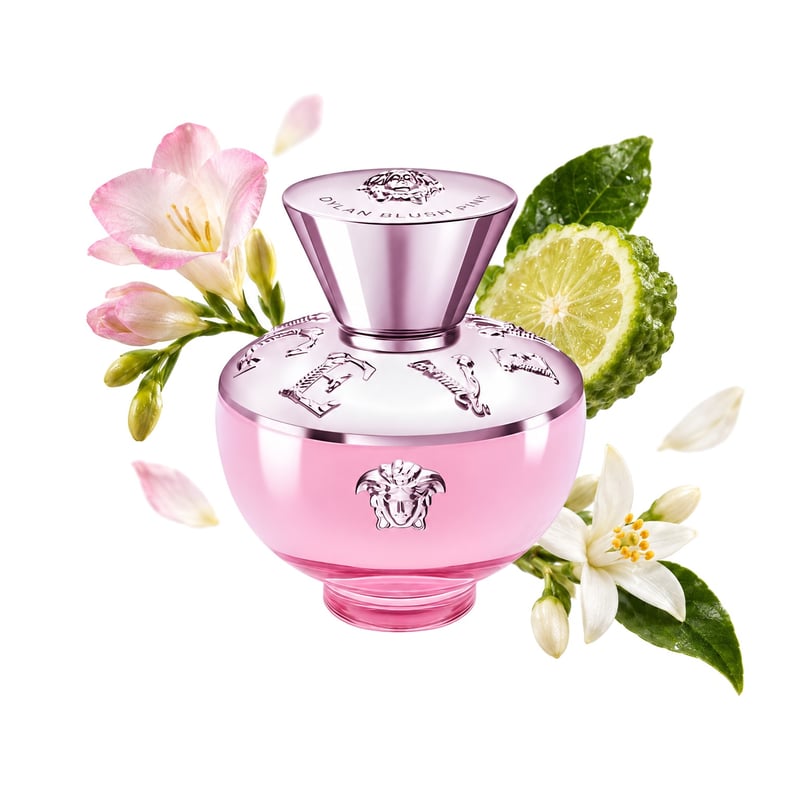 Pour Femme Dylan Blush Pink by Versace, bottle pictured with its key notes: Freesia, Bergamot and Orange Blossom