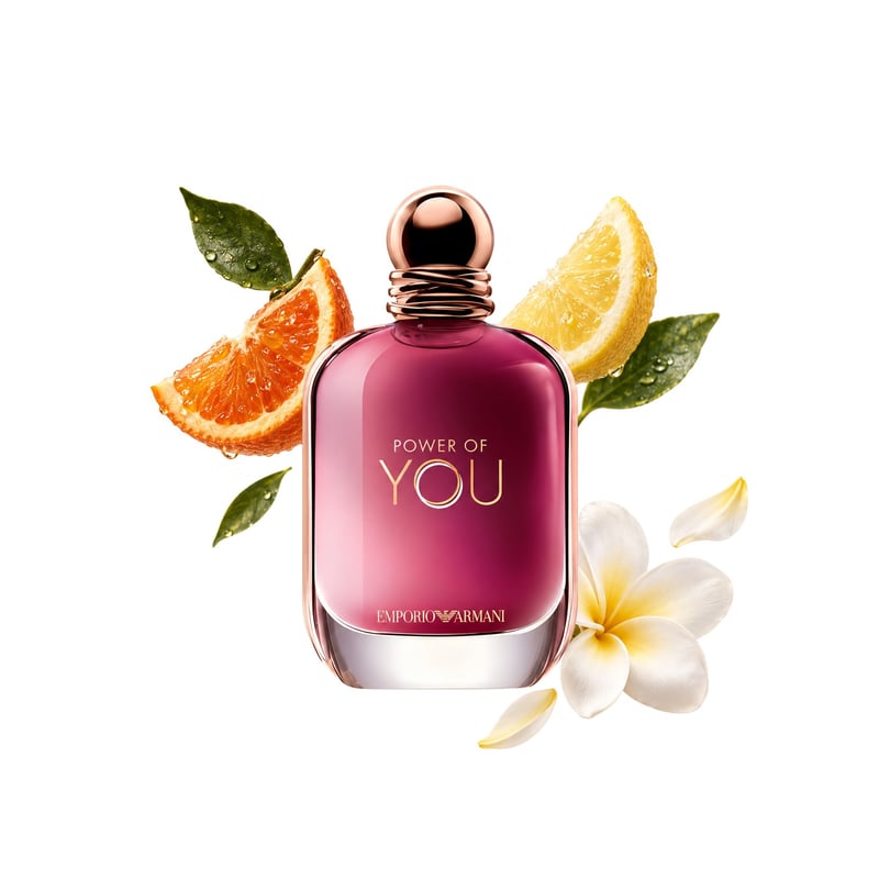 Power Of You by Giorgio Armani, bottle pictured with its key notes: Bitter Orange, Lemon and Frangipani