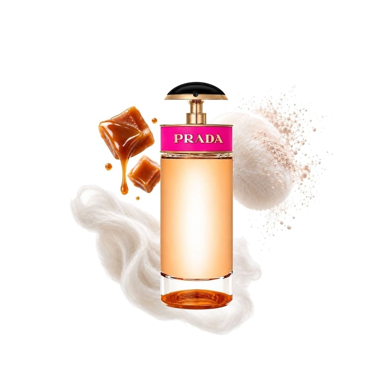 Prada Candy by Prada, bottle pictured with its key notes: Caramel, Powdery Notes and Musk