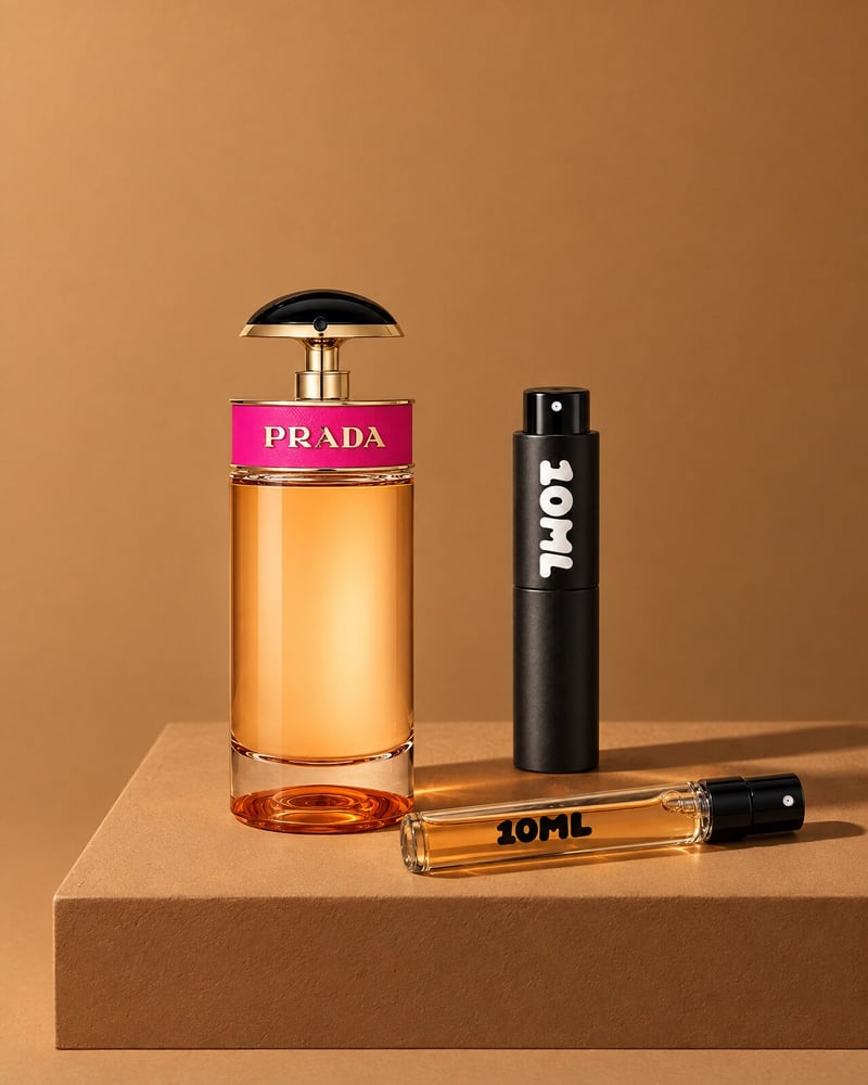 Prada Candy with a 10ML travel atomiser and a 10ML refill vial on a brown plinth