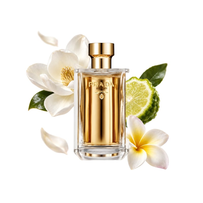 Prada La Femme by Prada, bottle pictured with its key notes: Magnolia, Bergamot and Frangipani