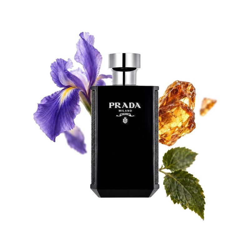 Prada L'Homme Intense de Prada, frasco con sus notas principales: Iris, Ámbar y Pachulí
