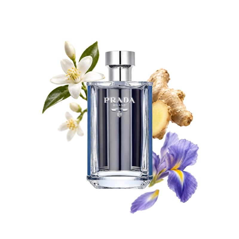 Prada L'Homme L'Eau by Prada, bottle pictured with its key notes: Neroli, Ginger and Iris