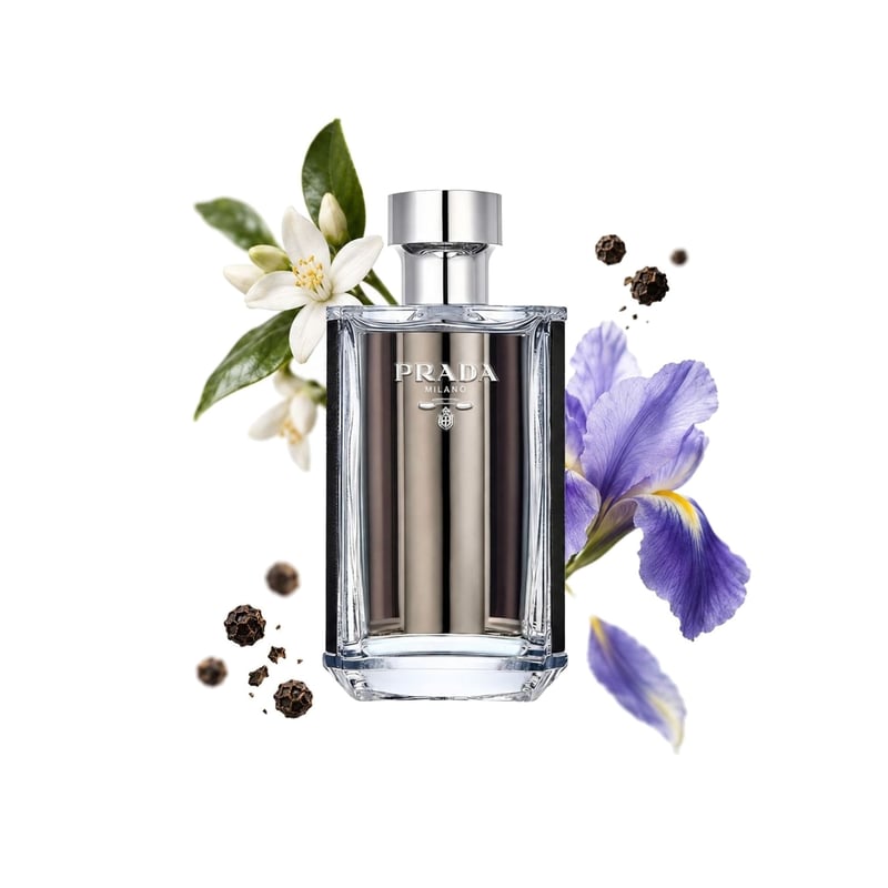 Prada L'Homme by Prada, bottle pictured with its key notes: Neroli, Black Pepper and Iris
