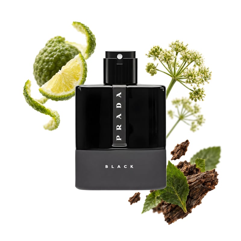 Luna Rossa Black Eau de Parfum de Prada, frasco fotografado com as notas principais: Bergamota, Angélica e Patchouli
