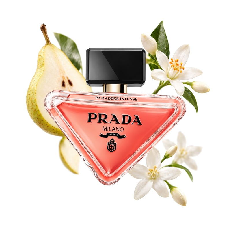 Prada Paradoxe Intense by Prada, bottle pictured with its key notes: Pear, Neroli and Jasmine