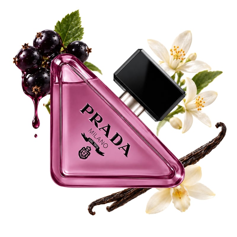 Prada Paradoxe Sweet Chemistry von Prada, Flakon mit seinen Hauptnoten: Johannisbeersirup, Orangenblüte und Vanille